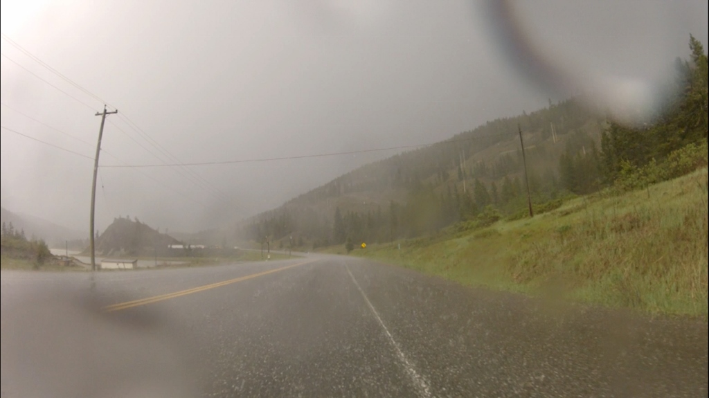I rode for 2 1/2hrs thru driving rain, pea hail, lightening before I finally got to 100 mile house to get a hotel. I Loved it.
